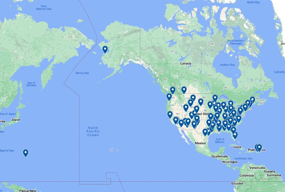 Map of North America with 100 markers throughout the continental United States, Alaska, Northern Mariana Islands, US Virgin Islands, and Puerto Rico.